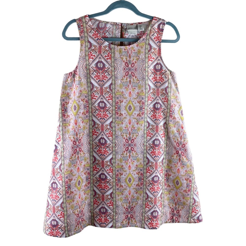 Rachel Zoe Tank Dress Sleeveless Geometric Linen Ikat Boho Trapeze Sz S